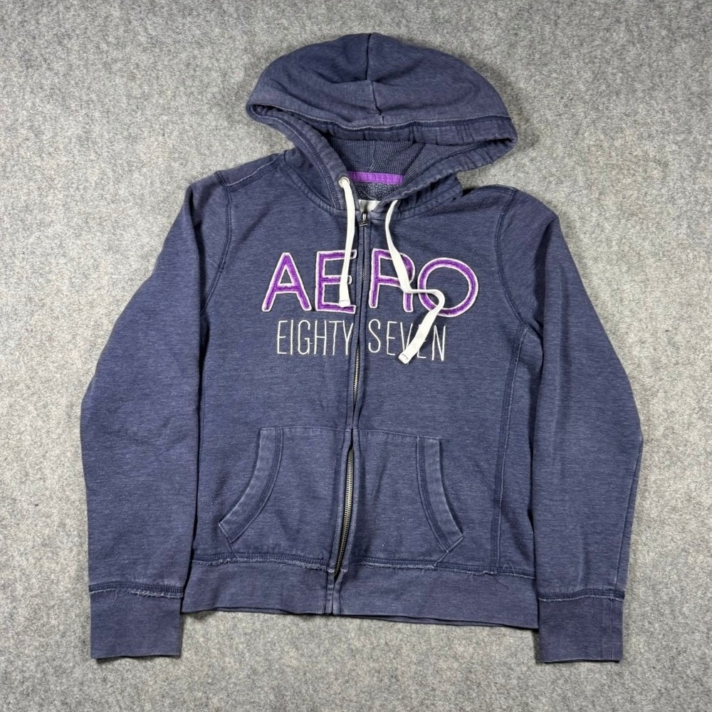 Aeropostale Womens Blue Full Zip Hoodie Aero Eighty Seven Chenille Logo Large
